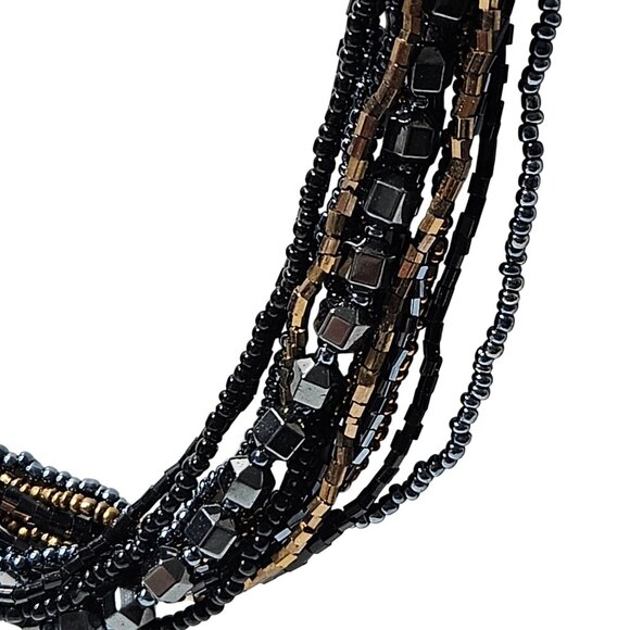 Elegant Multi Strand Black Gold Seed Beaded Chunky Necklace Classic Jewelry - Picture 2 of 6